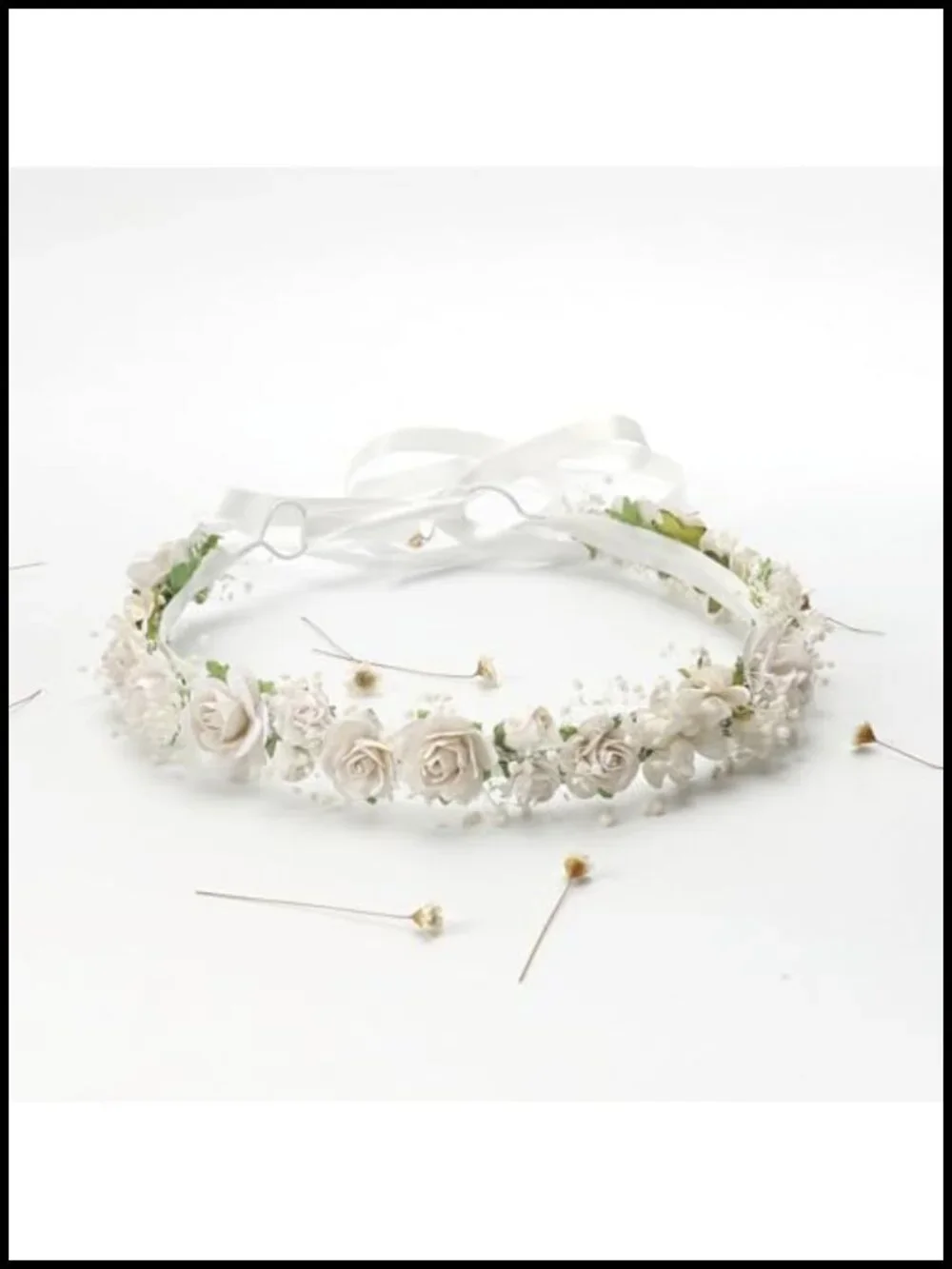 Handmade Flower Crown Baby's Breath Paper Hair Wreath with Satin Ribbon